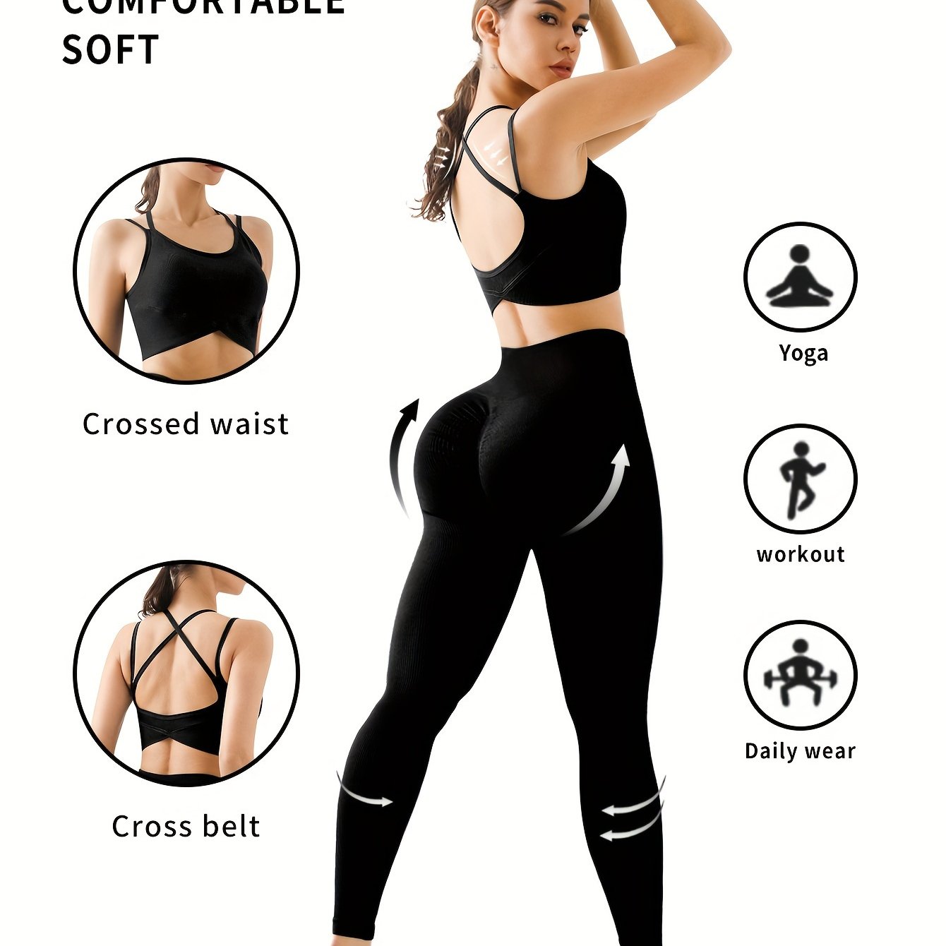 2pcs Solid Color Workout Sets, Backless Sports Bra & Wide Waistband Hip Lift Running Leggings, Women's Activewear