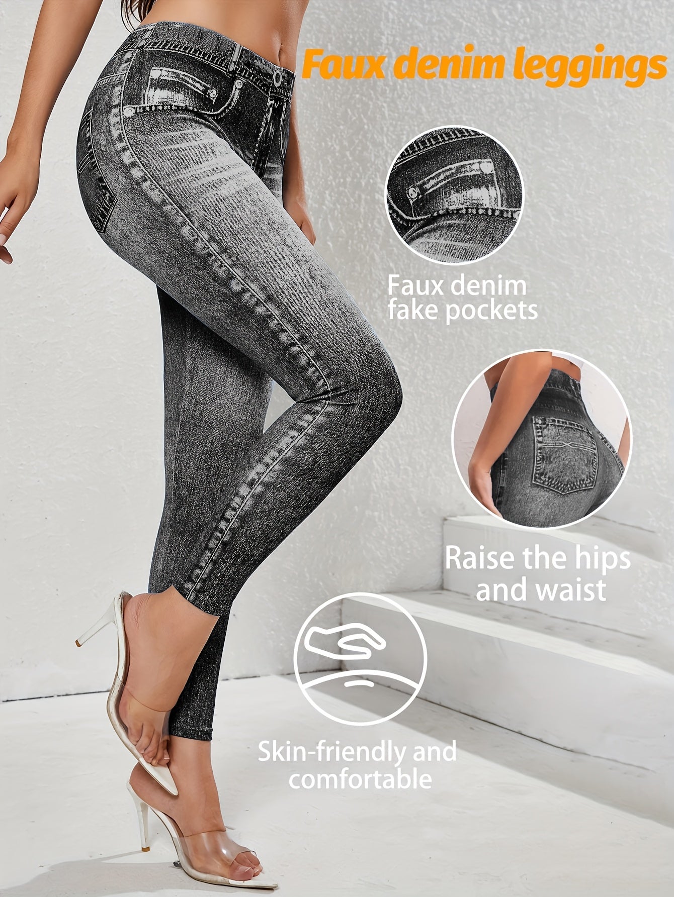 【imitation denim】New Women'S Fashion Casual Trendy Comfortable Breathable High-Waisted Stretchy Blue Faux Denim-Like Printed Leggings for Daily Commuting, Enhancing The Hips And Waist, Women'S Base Layer Pants, Fitted Leg