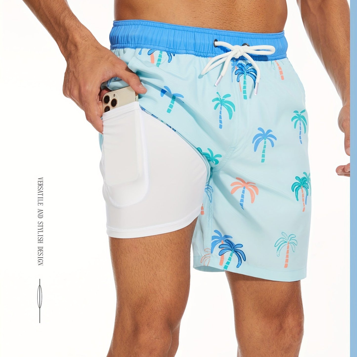 Men's Quick-Dry Beach Shorts with Tropical Palm Tree & Palm Leaf Print - Breathable Stretch Fabric for Summer, Outdoor, Hiking, Swimming - Machine Washable Casual Athletic Shorts, Outdoor Activewear, Summer Shorts