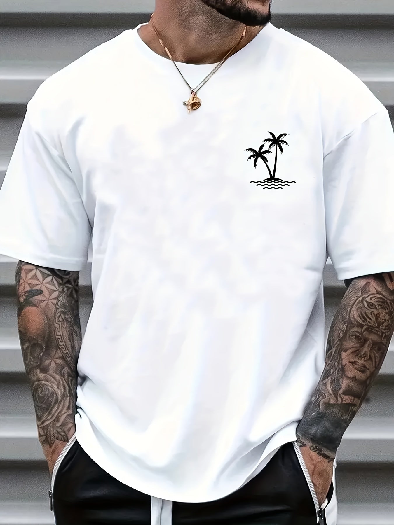 Sketch Style Palm Tree Pattern Top Casual Mid Stretch Short Sleeve Crew Neck Graphic T-shirt, Men's Tee For Summer Outdoor
