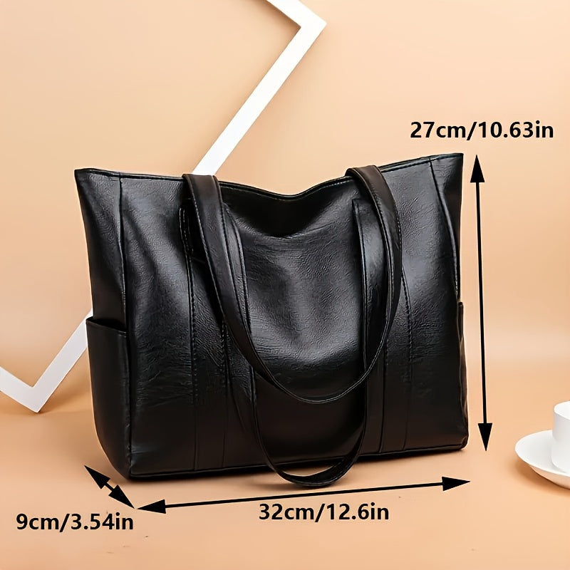 1pc Elegant Women's Shoulder Tote Bag - Large Capacity Durable PU with Zipper Closure, Double Handles & Polyester Lining, Deep Brown/Black - Perfect for Work,, Travel - Ideal Gift for Students & Professionals, Work Handbag, S