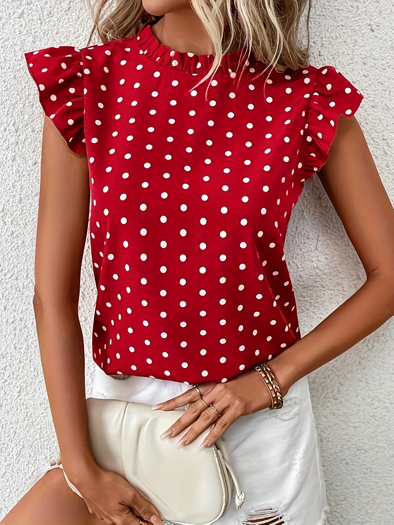 Polka Dot Print Mock Neck Blouse, Elegant Ruffle Sleeve Blouse For Spring & Summer, Women's Clothing