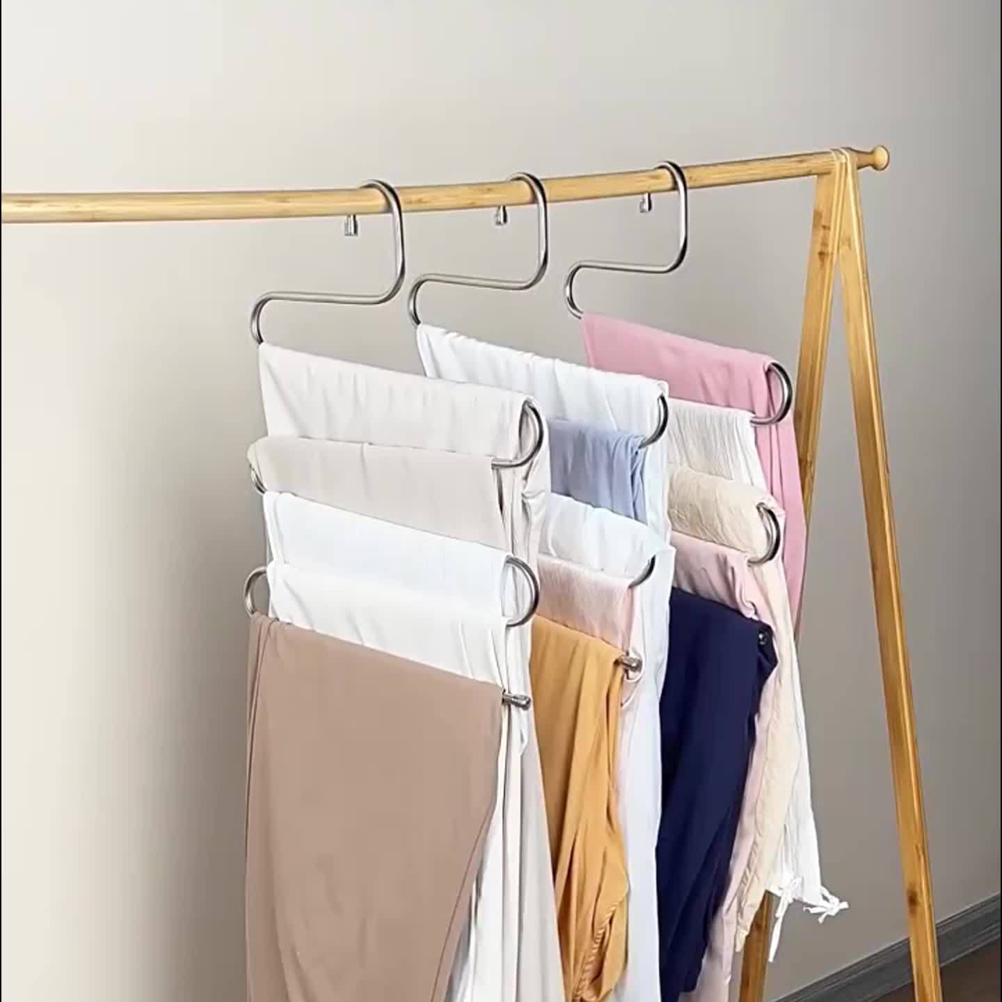 5-Tier Stainless Steel S-Shaped Pants Hanger - Non-Slip, Space-Saving Multi-Layer Jeans and Trousers Organizer with Polished Finish, Durable Metal Wardrobe Storage Solution for Neat Closet Organization
