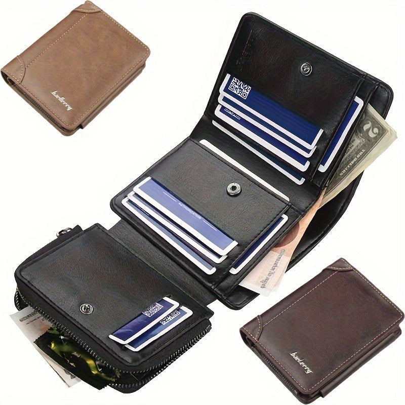 1pc Men's Short Multi-Card Slots Three-fold Zipper Coin Pocket Wallet Fashion Thin Card Bag Give Gifts To Men On Valentine's Day