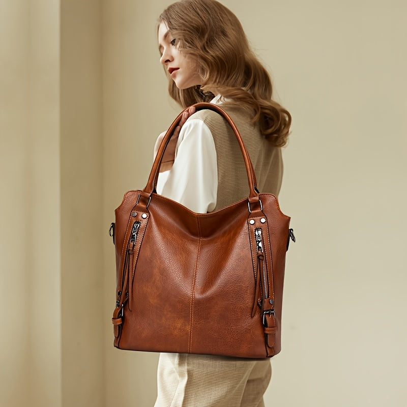 Women'S Large Capacity Tote Bag - Stylish Brown with Golden-Tone Hardware, Zipper Closure & Detachable Strap, Perfect for Work Or Everyday Use, Versatile Carryall | Elegant | Durable, Large Tote Bag