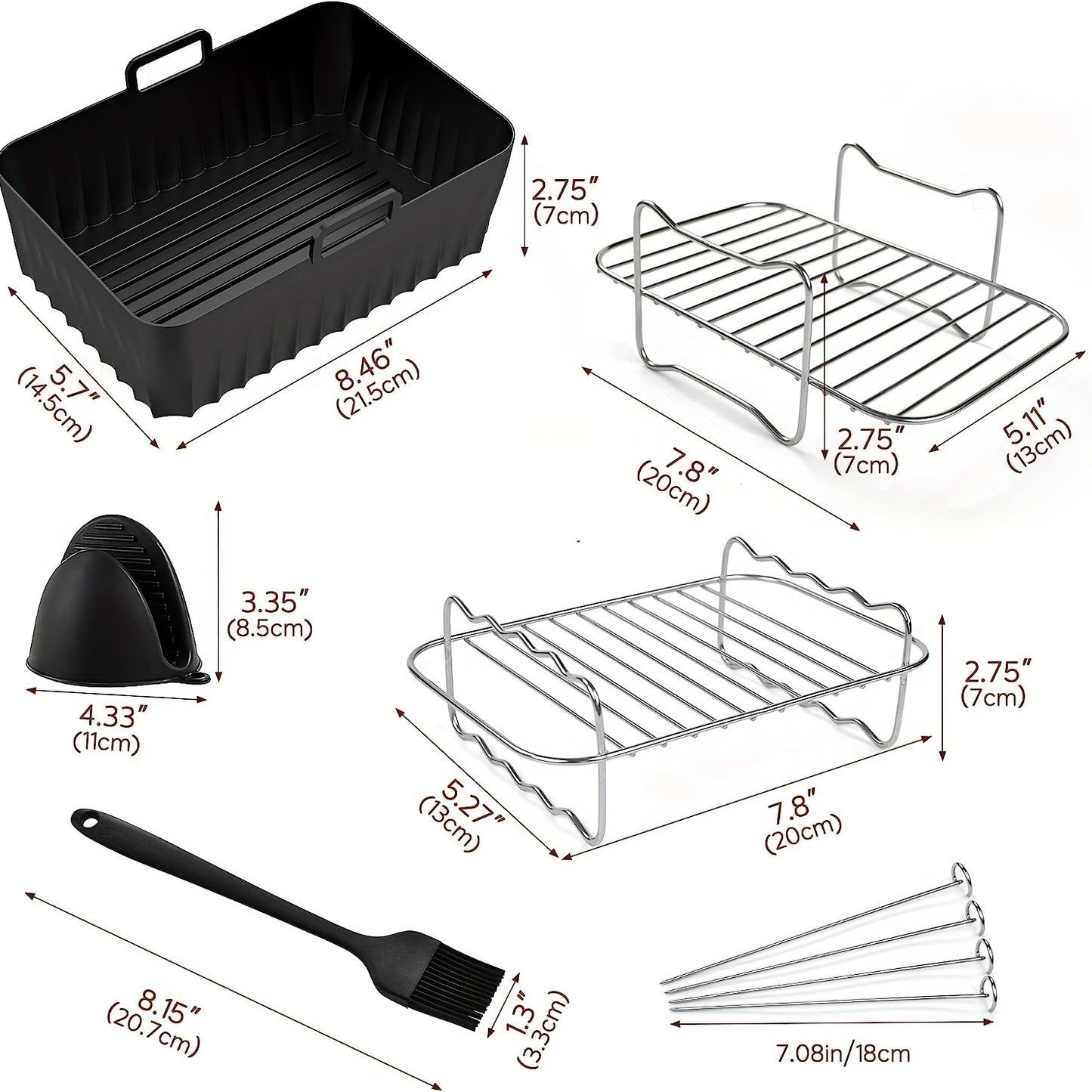 11pcs Air Fryer Accessories Kit - Perfect for Ninja Dual&Tower Air Fryer, Includes 2 Reusable Liners, 2 Racks, 4 Skewers, Silicone Gloves & Brush!