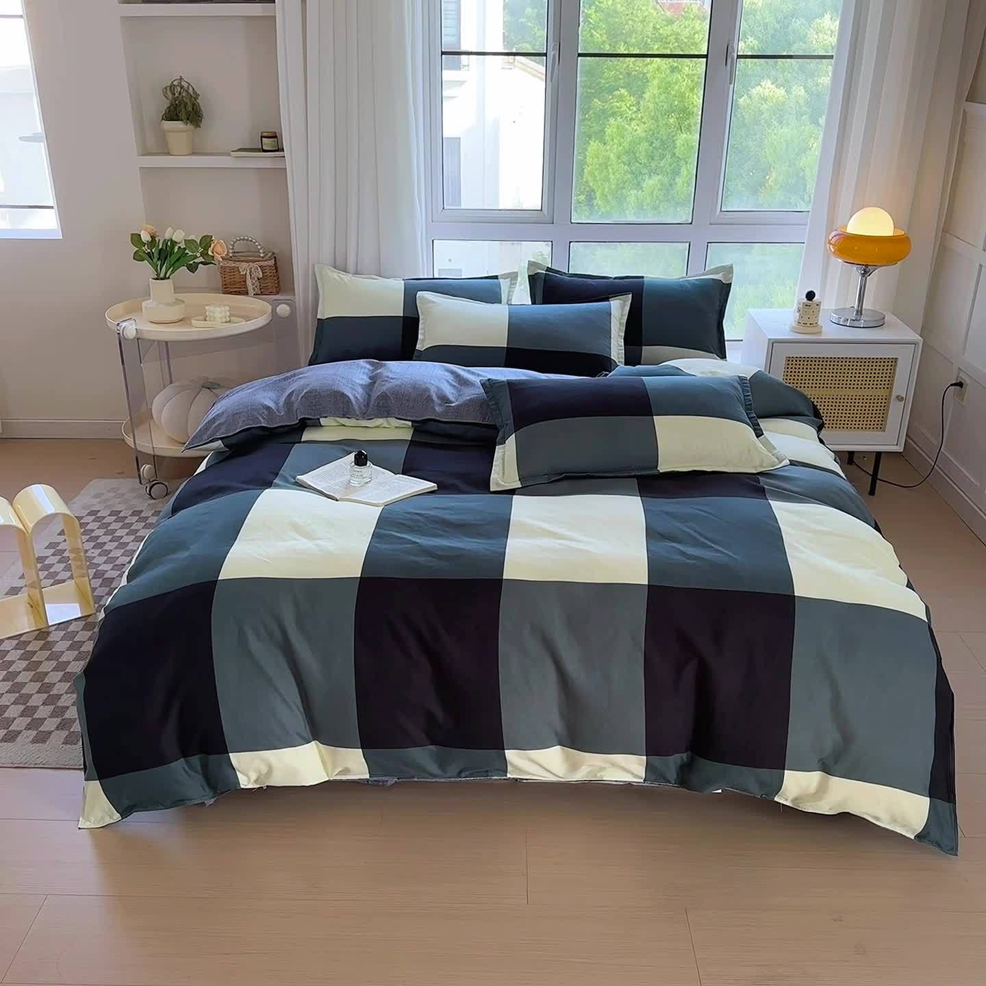 Soft and breathable 4pcs bedding set - Creative space plaid pattern, machine washable - includes sheet, duet and 2 pillowcases for all seasons - ideal for student dormitories, bedrooms and guest rooms