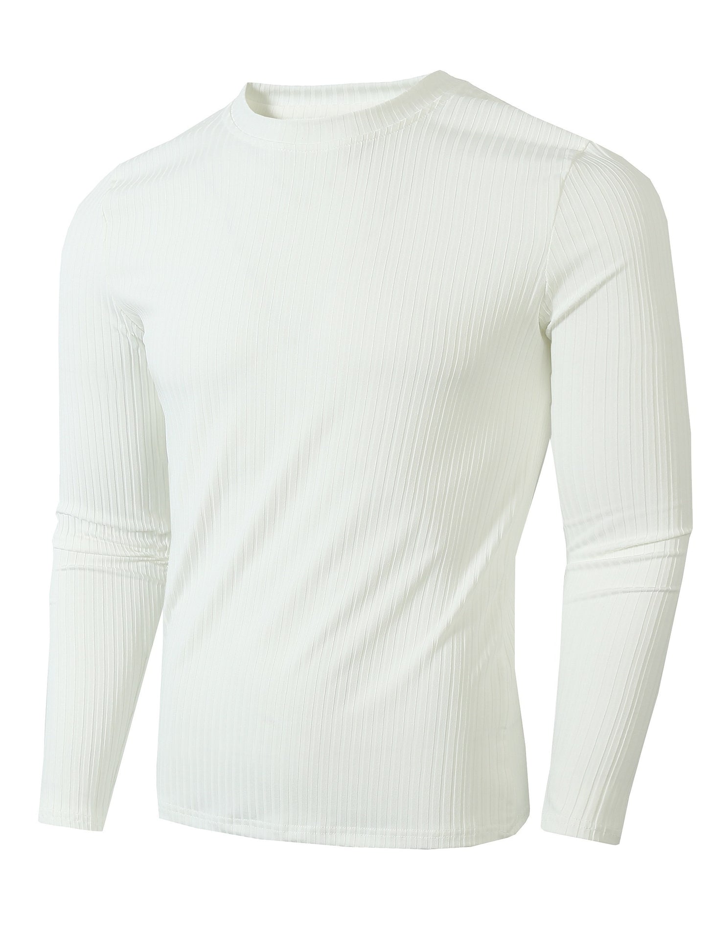 Ribbed Men's Casual Stretch Breathable Lightweight Long Sleeve Round Neck T-shirt For Spring Fall, Running Training