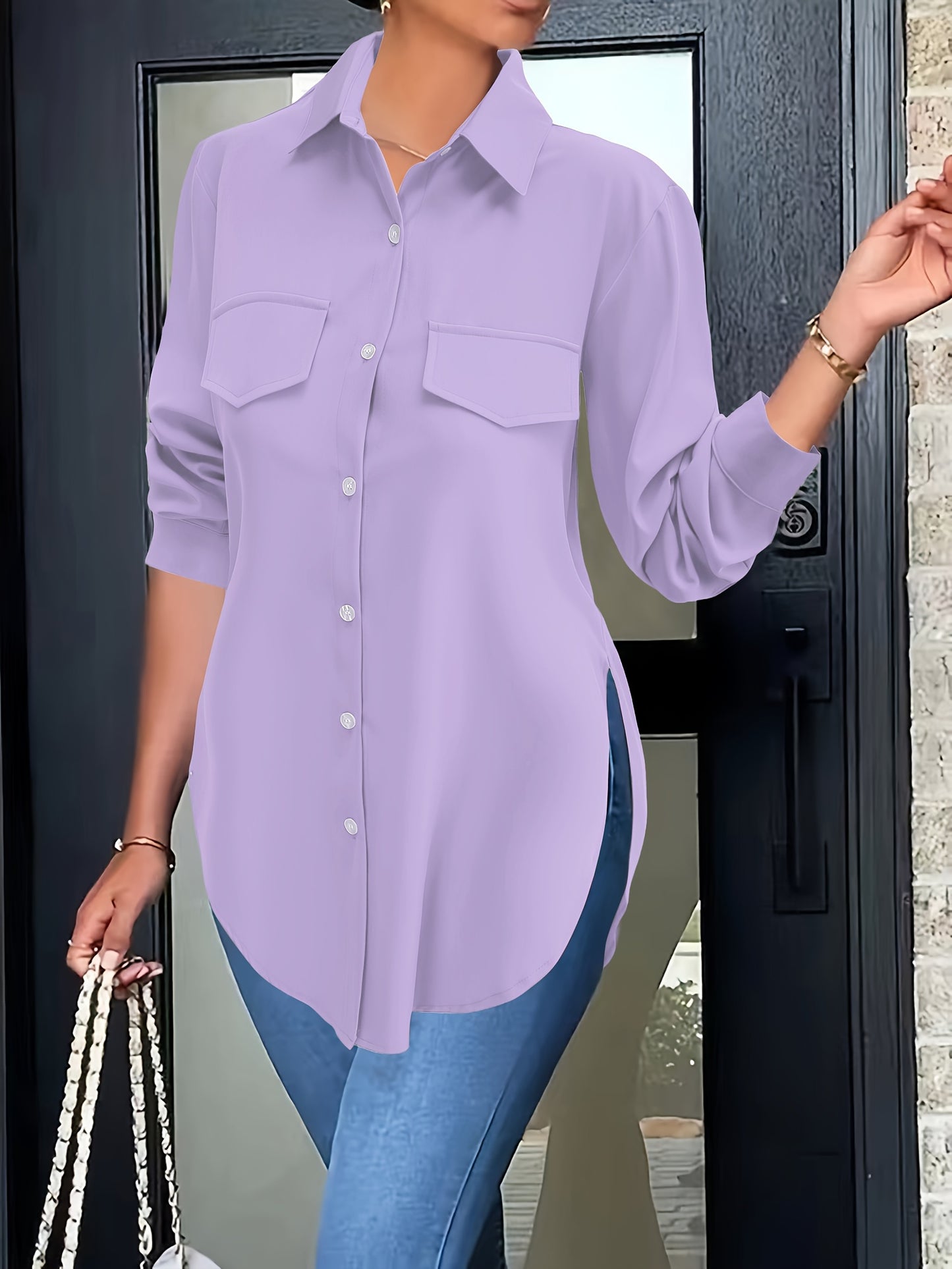 Plus Size Curved Hem Blouse, Casual Button Front Collared Blouse For Spring, Women's Plus Size Clothing