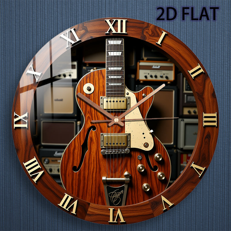 12-Inch Silent Quartz Wall Clock with Electric Guitar Design – Brown Wood Texture, Metal Components, Battery Operated (AA Not Included) – Perfect for Bedroom, Kitchen, Study, or Garage Decor, Clock Wall Decor