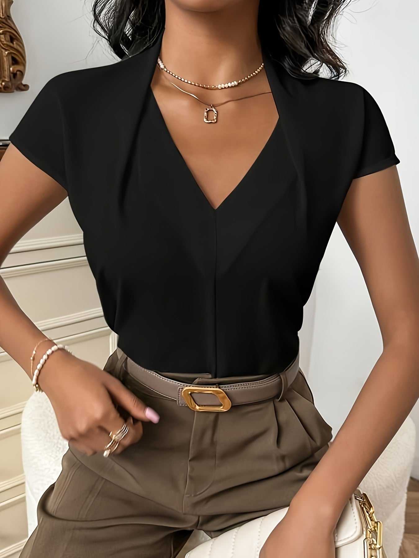 Solid V-neck Simple Blouse, Versatile Short Sleeve Blouse For Spring & Summer, Women's Clothing
