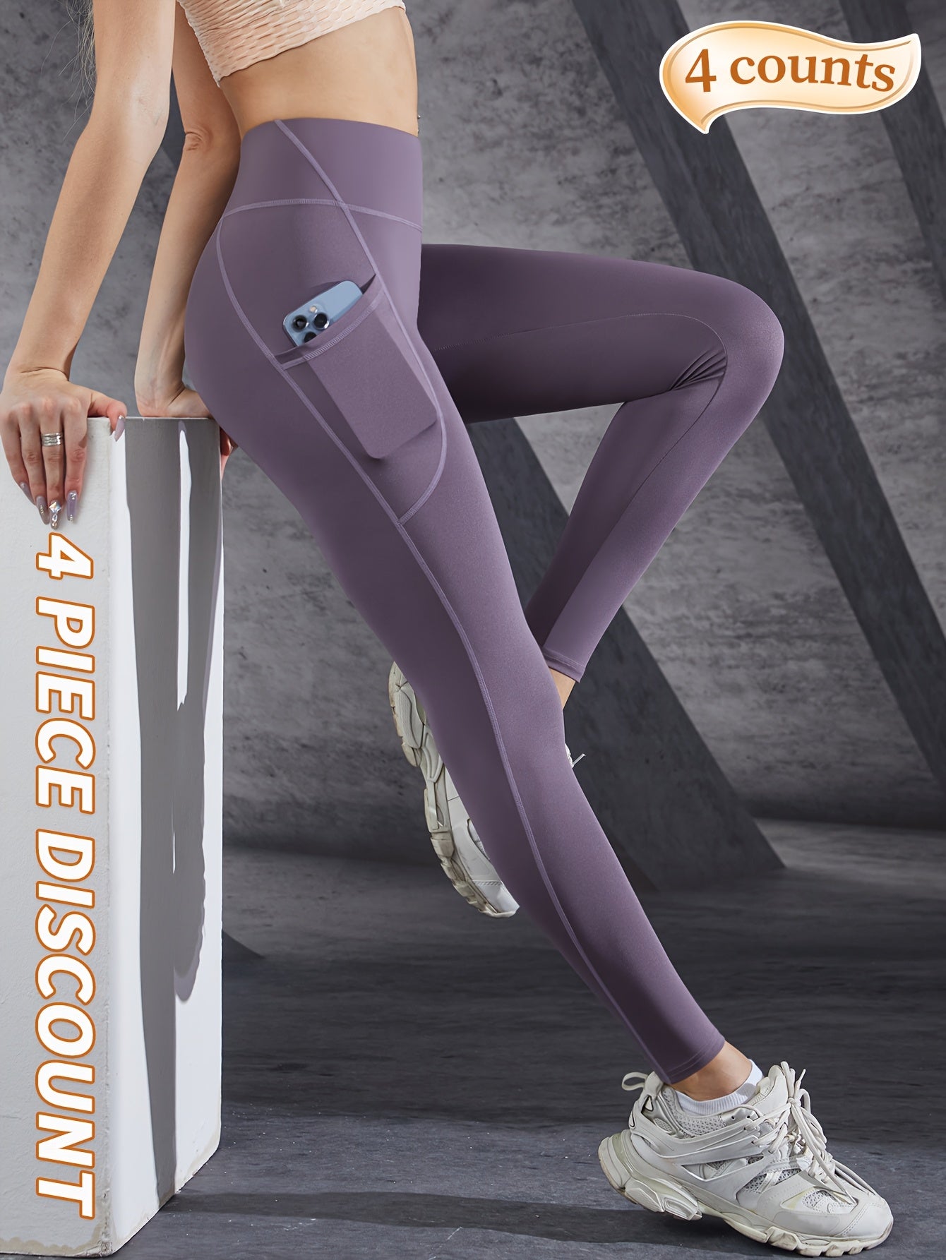 4pcs High-Waist Tummy Control Yoga Leggings - Stretchy, Slimming Activewear Pants with Pockets for Women