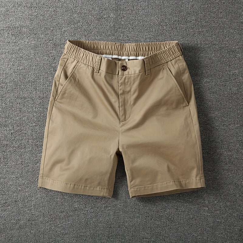 Men's Summer Micro-Elastic Casual Shorts - Four-Tenths Length, Olive Green, Mid-Rise Waist, Elastic Waistband, Side Pockets, Lightweight & Breathable for Casual Attire