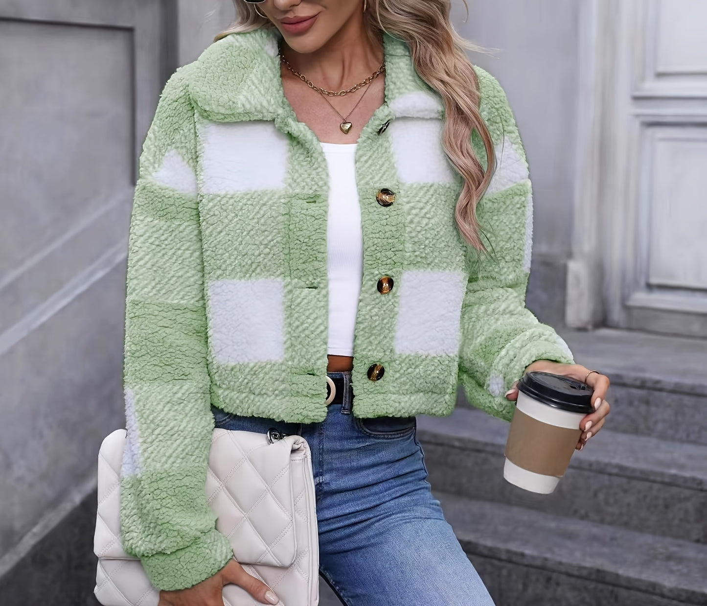 Plaid Teddy Coat, Casual Button Front Long Sleeve Winter Warm Outerwear, Women's Clothing