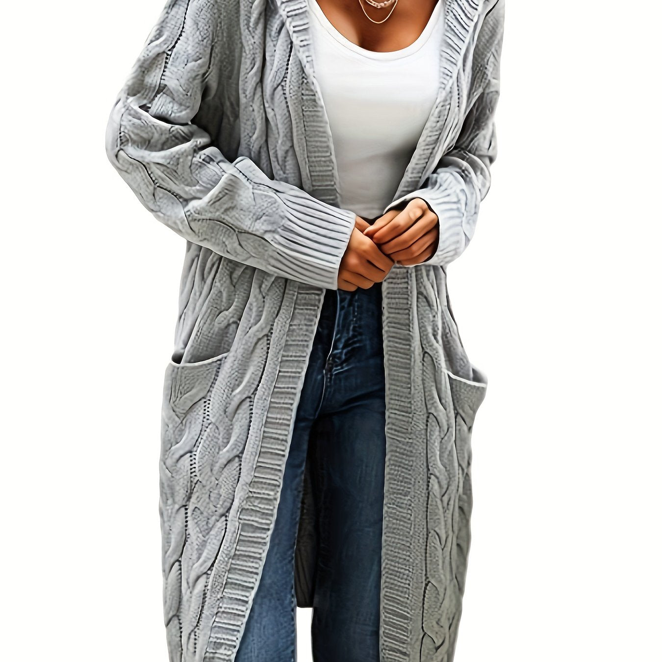Women's Mid-Length Hooded Cardigan - Soft Stretchy Solid Color Long Sleeve Open Front Sweater with Pockets, Machine Washable Casual Elegance for Fall Winter, Everyday Comfort Wear, Stylish Hooded Design, Comfortable Fit