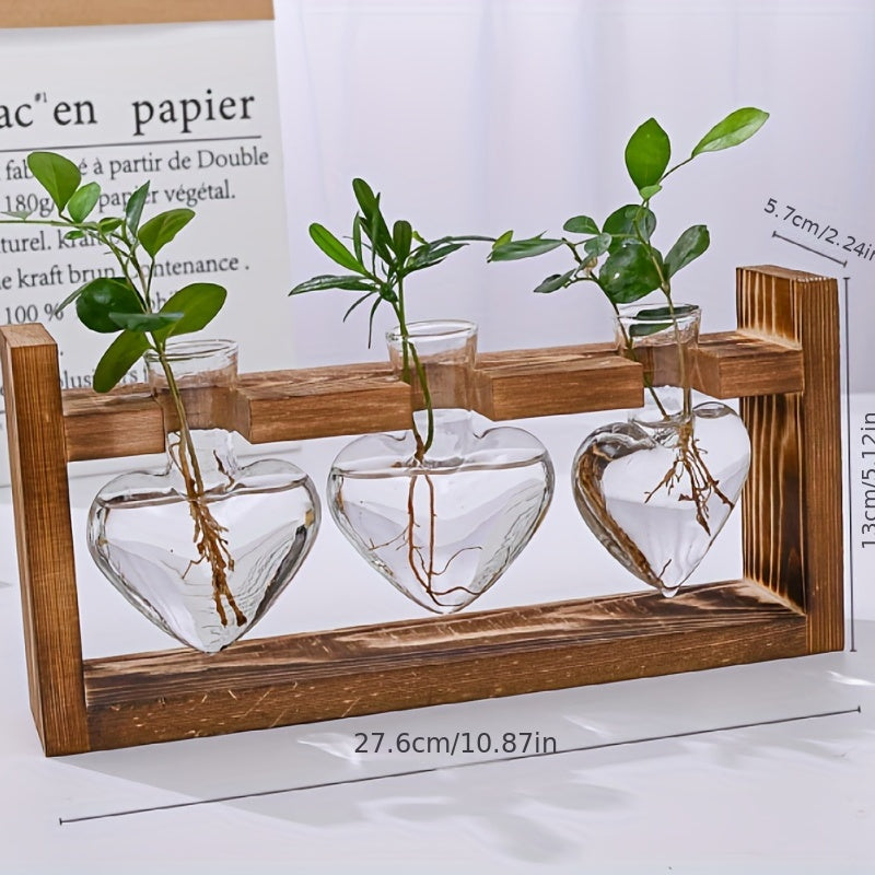1 Pack, Hydroponic Plant Terrarium Love Heart Vase With Wooden Stand, Indoor Hydroponic Plant Propagation Station For Home Office Garden Decoration, Gift For Flower Pot Lovers