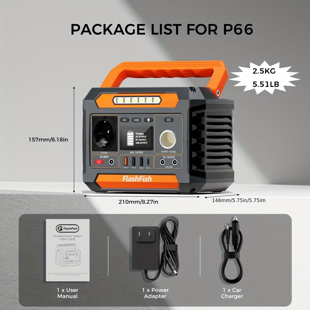 FF FLASHFISH 300W P66 Portable Power Station, 230.88 Wh/62400mAh Lithium-Ion Cells Solar Generator 300 W AC Output, 600 W Surge, 2 X DC Output And 4 X USB, LED Lights, Power Generator for Outdoor Use,  Compact Design, Lightwe