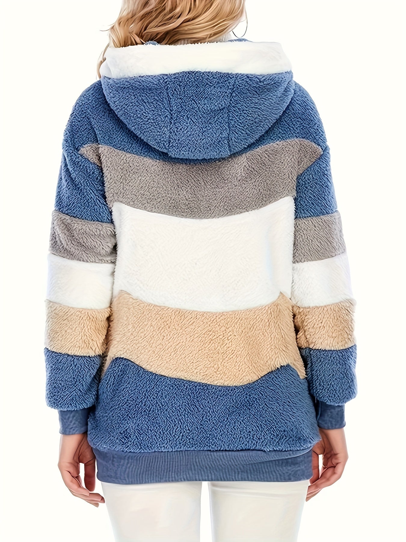 Women's Plush Faux Fur Hooded Jacket - Loose Fit Color Block Coat with Blue/Beige/White/Black Design, Long Sleeve Winter Warmth, Machine Washable for Casual & Formal Outfits, Ladies Winter Coats, Autumn Layering Piece, Formal