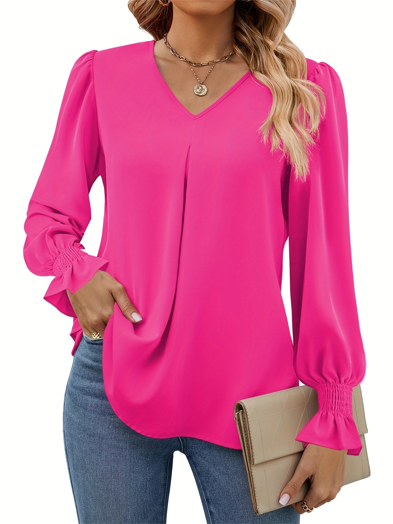 Solid V Neck Simple Blouse, Elegant Long Sleeve Ruched Blouse, Women's Clothing