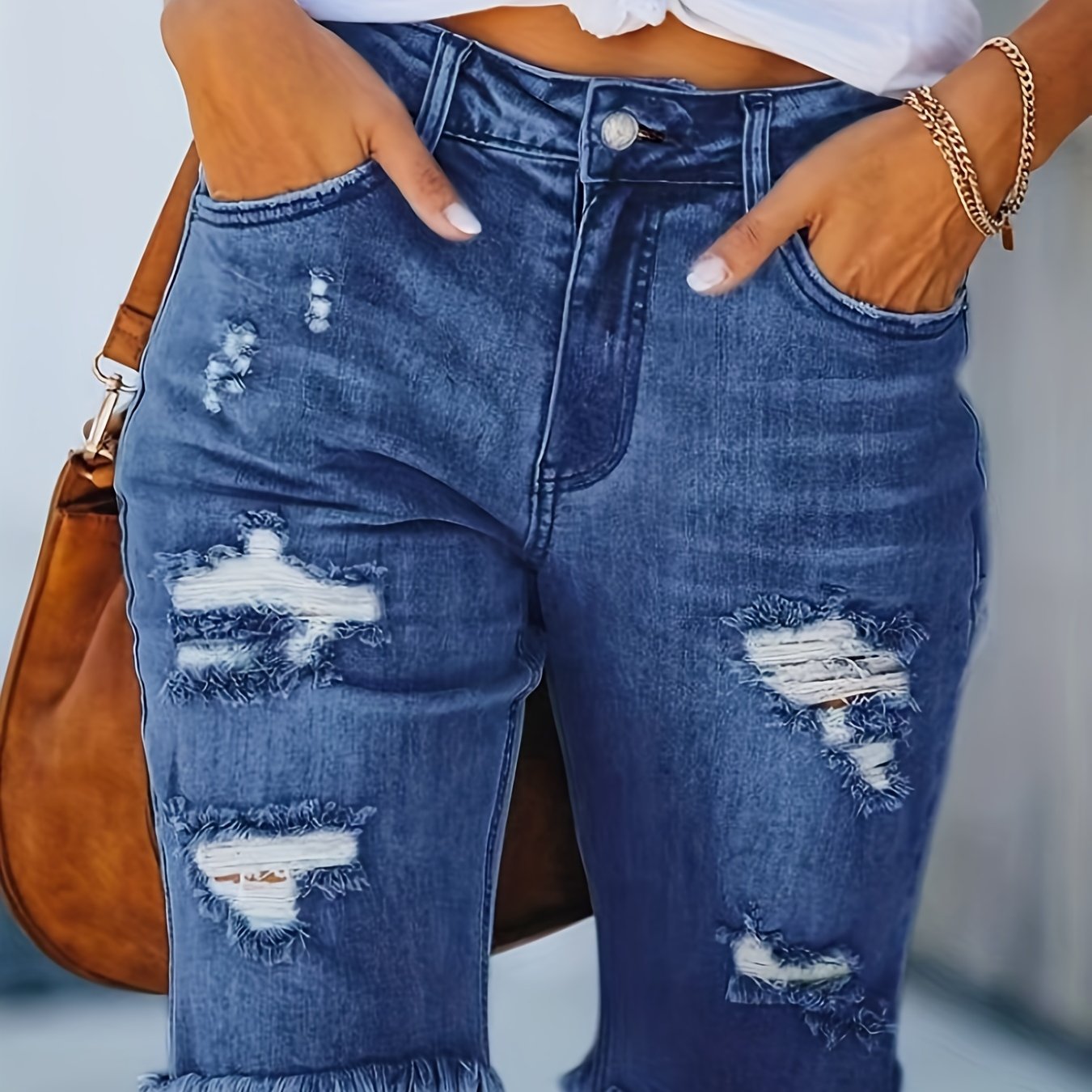Women's Stretch Denim Mid-Rise Shorts with Distressed Frayed Hem & Knee Rips - Casual Summer Denim Shorts with Built-In Zipper, Machine Washable, Casual Attire, Comfortable Fit