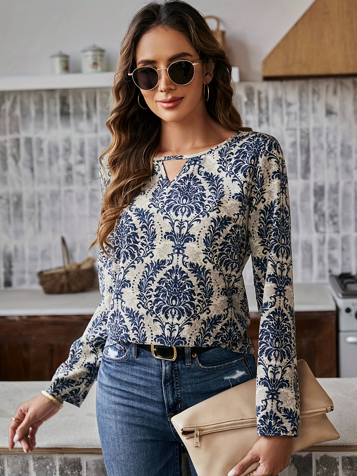 Ethnic Print Cut Out Blouse, Vintage Long Sleeve Blouse For Spring & Fall, Women's Clothing