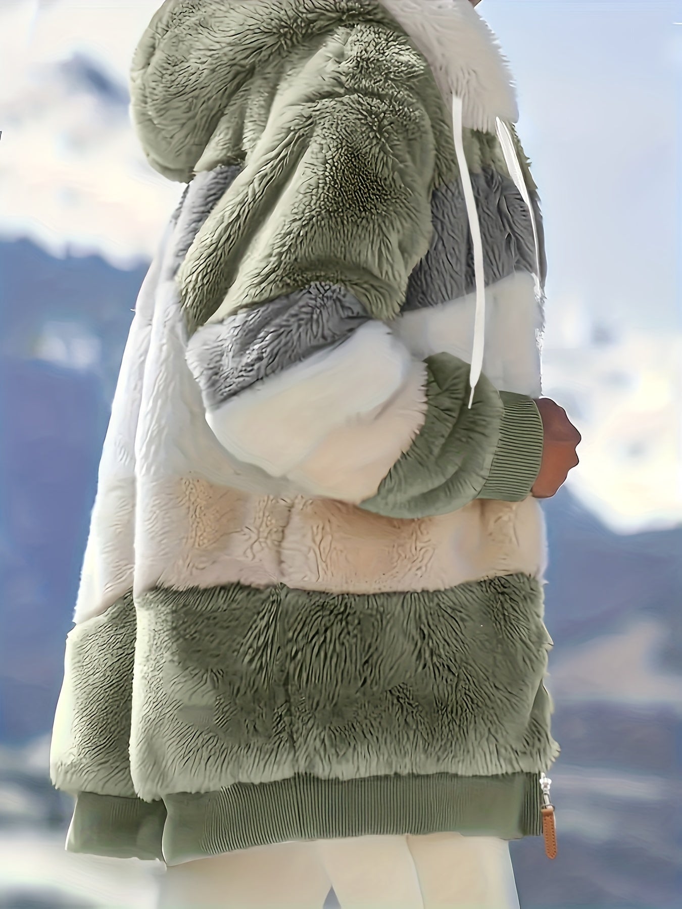 Women's Plush Faux Fur Hooded Jacket - Loose Fit Color Block Coat with Blue/Beige/White/Black Design, Long Sleeve Winter Warmth, Machine Washable for Casual & Formal Outfits, Ladies Winter Coats, Autumn Layering Piece, Formal