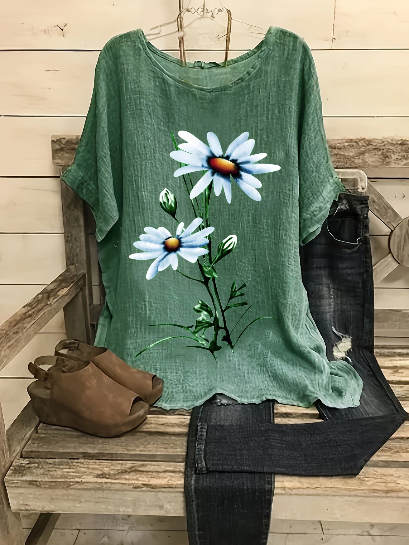 Floral Print Crew Neck Blouse, Casual Short Sleeve Blouse For Spring & Summer, Women's Clothing