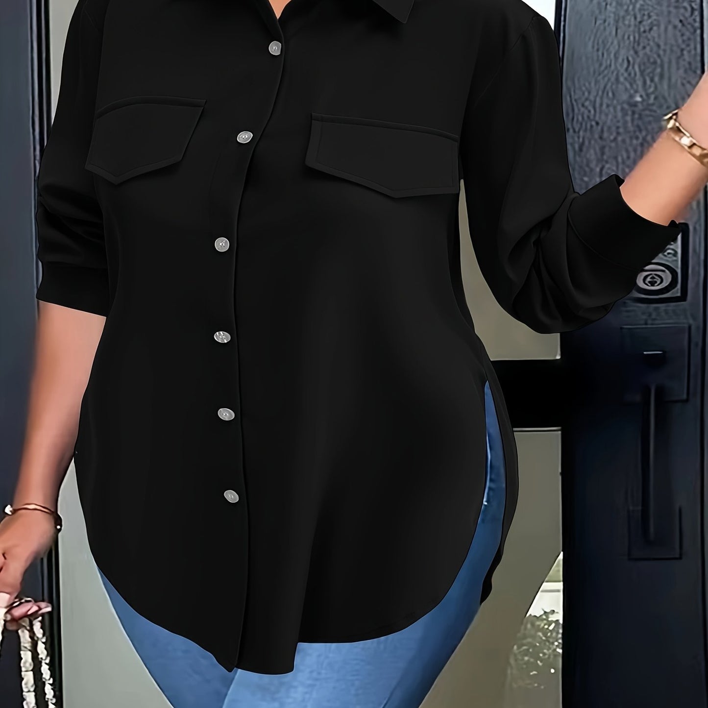 Plus Size Curved Hem Blouse, Casual Button Front Collared Blouse For Spring, Women's Plus Size Clothing