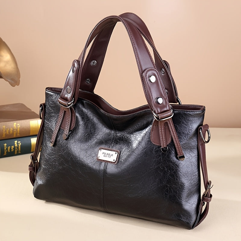 Women'S Vintage Handbag with Adjustable Shoulder Strap, Multiple Pockets & Soft Oil Edge Detail - Burgundy Polyester Lining, Zipper Closure, Elegant Accessory for Mother'S Day Gifts, Elegant Handbag | Vintage Tote Design | So