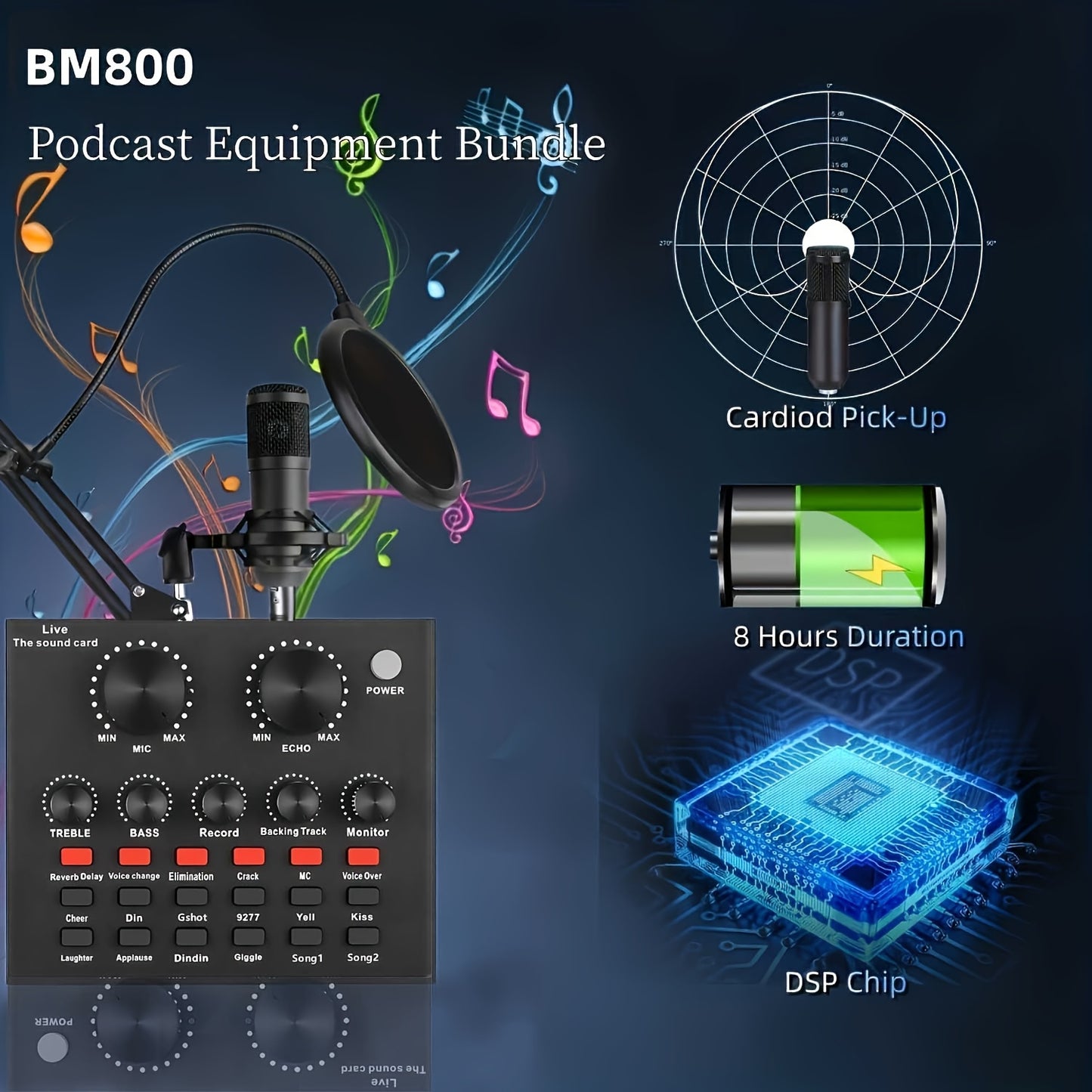 Podcast Equipment Bundle, with BM800 Podcast Microphone And V8 Sound Card, Voice Changer - Audio Interface -Perfect for Recording, Singing, Streaming And Gaming, Microphone for Podcast, Microphone Podcast, Compact Setup, Reli