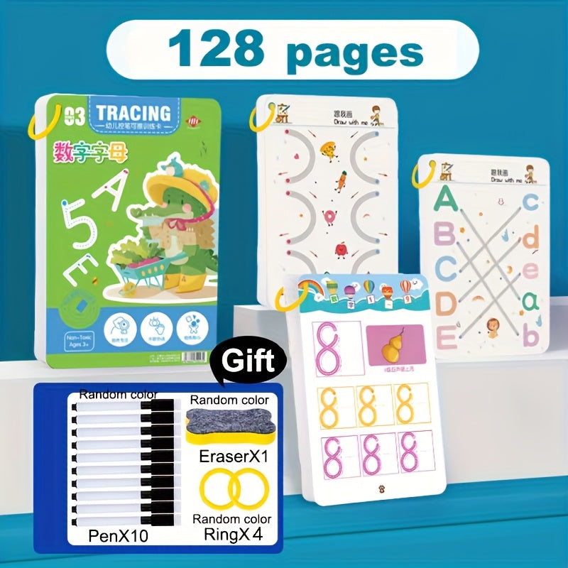 128-Page Reusable Magic Writing Practice Workbook Set - Full Brain Development & Writing Skills for, to Grade 1 Curriculum with Eraser & Answer Key-like Pages, Interactive Learning for Chinese/English Phonics, Math & ABCs (Gi