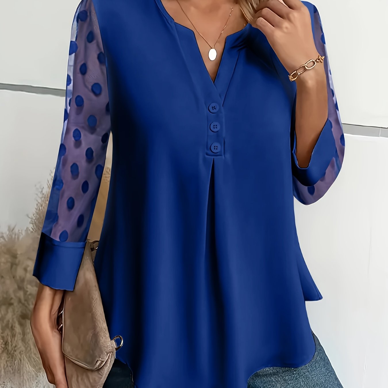 Solid Button Front Blouse, Elegant Long Sleeve Notched Neck Top, Women's Clothing