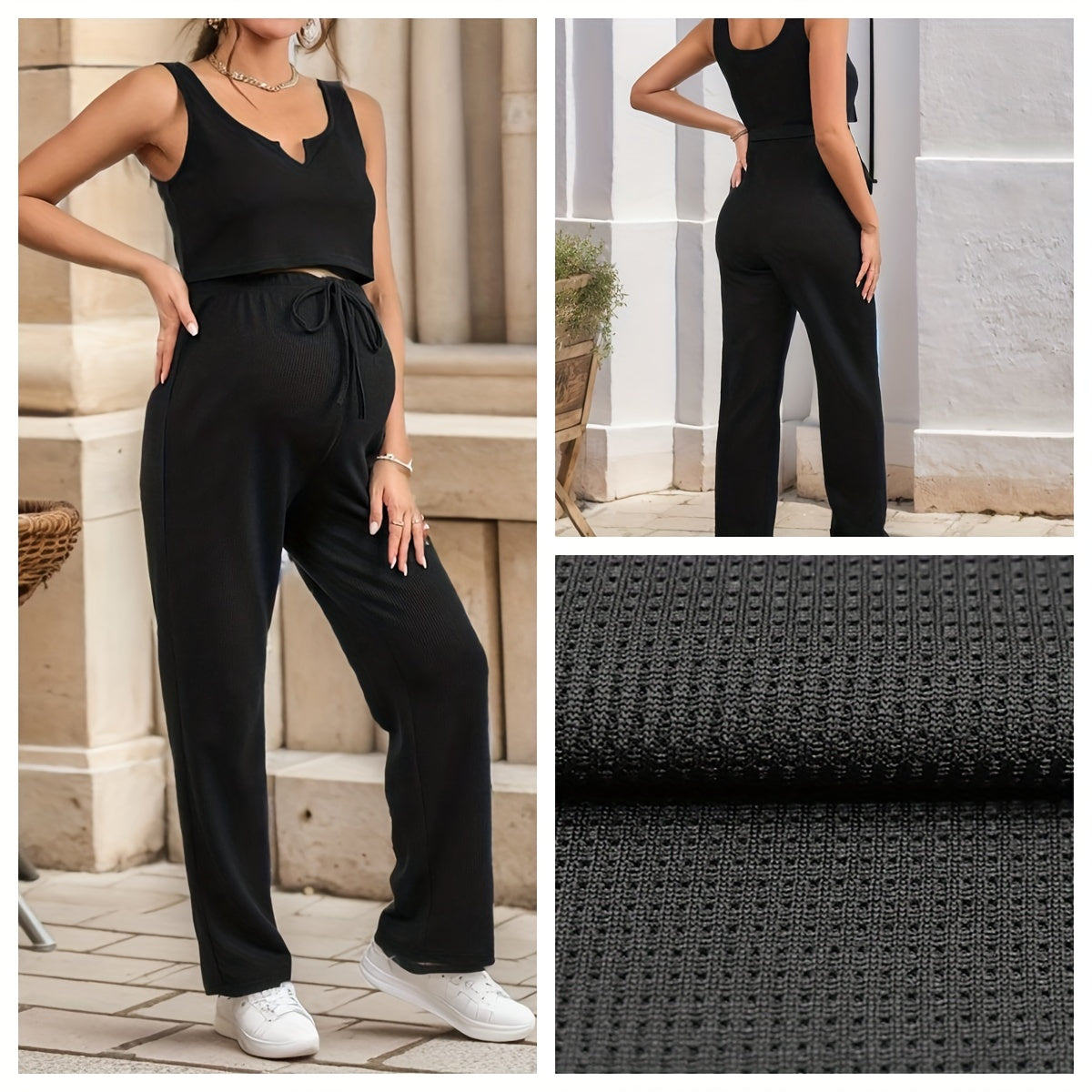 2pcs Pregnant Women's Casual Set, Comfy Sleeveless Shirt & High Waist Tummy Support Drawstring Maternity Pants For Outdoor