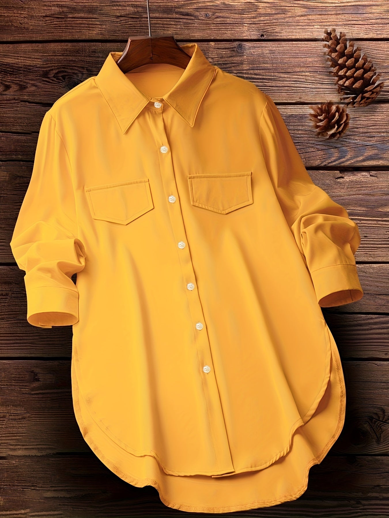 Plus Size Curved Hem Blouse, Casual Button Front Collared Blouse For Spring, Women's Plus Size Clothing
