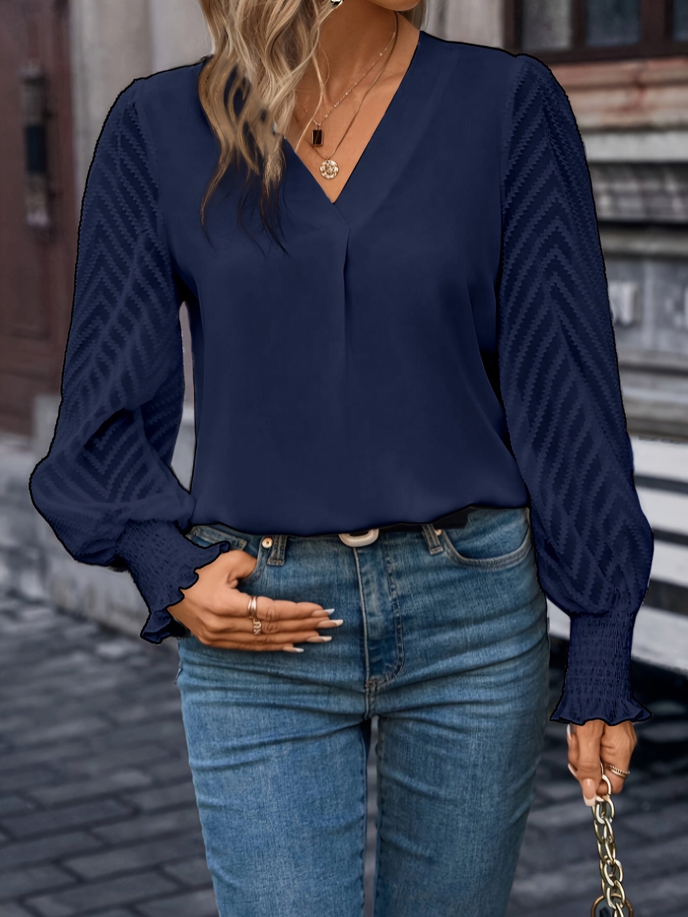 Solid Textured Mesh Splicing Blouse, Elegant V-neck Lantern Sleeve Blouse For Spring & Summer, Women's Clothing