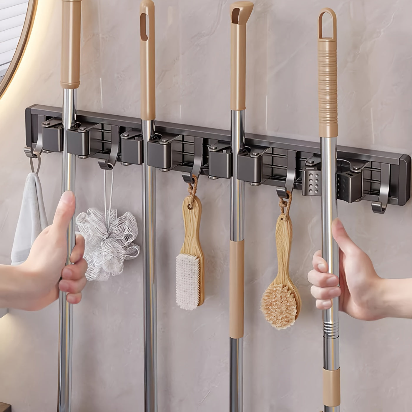 Bathroom Storage Rack Metal Mop & Broom Holder with Adjustable Hooks, Wall-Mounted Storage Organizer for Home, Kitchen, Garden, Laundry, Garage - Lacquered, Space-Saving Shelf for Mops, Brooms, Tools, Shelves