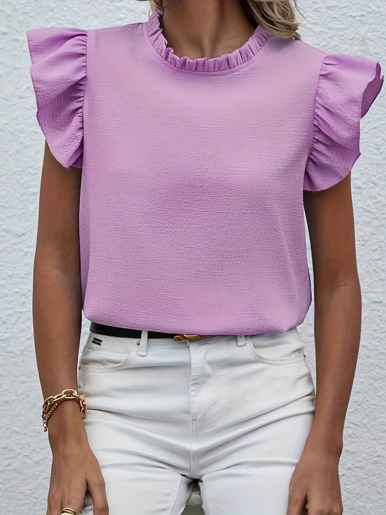 Ruffle Trim Round Neck Blouse, Casual Flutter Sleeve Blouse For Spring & Summer, Women's Clothing Wedding holiday vacation