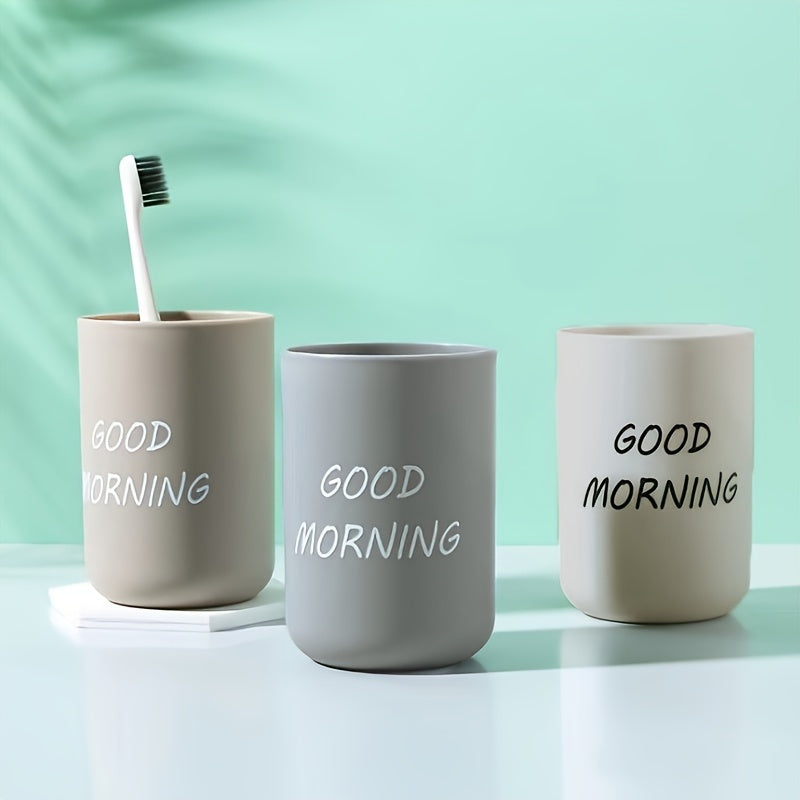1pc Minimalist Plastic Toothbrush Cup, "Good Morning" Printed Family Bathroom Rinse Mug, Creative Oral Care Cups, Toothbrush Cup