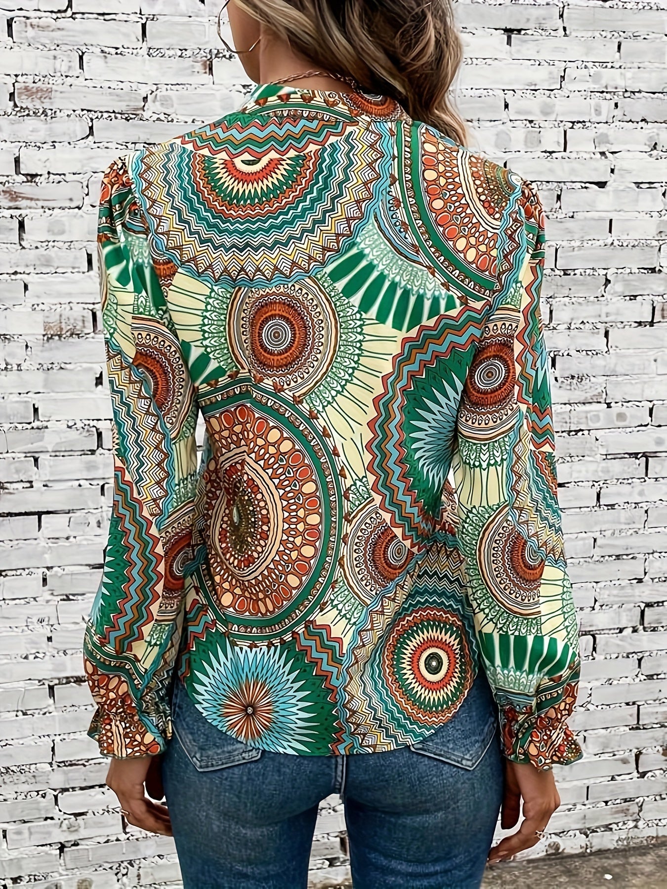 Mandala Print Notched Neck Blouse, Vintage Long Sleeve Blouse For Spring & Fall, Women's Clothing