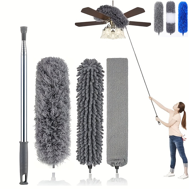 Microfiber Duster with 254.0 cm Telescopic Extension Pole Kit for High Ceilings, Cleaning Fan Spider Webs, Reusable and Washable Lightweight Ceiling Fan Nets, Blinds