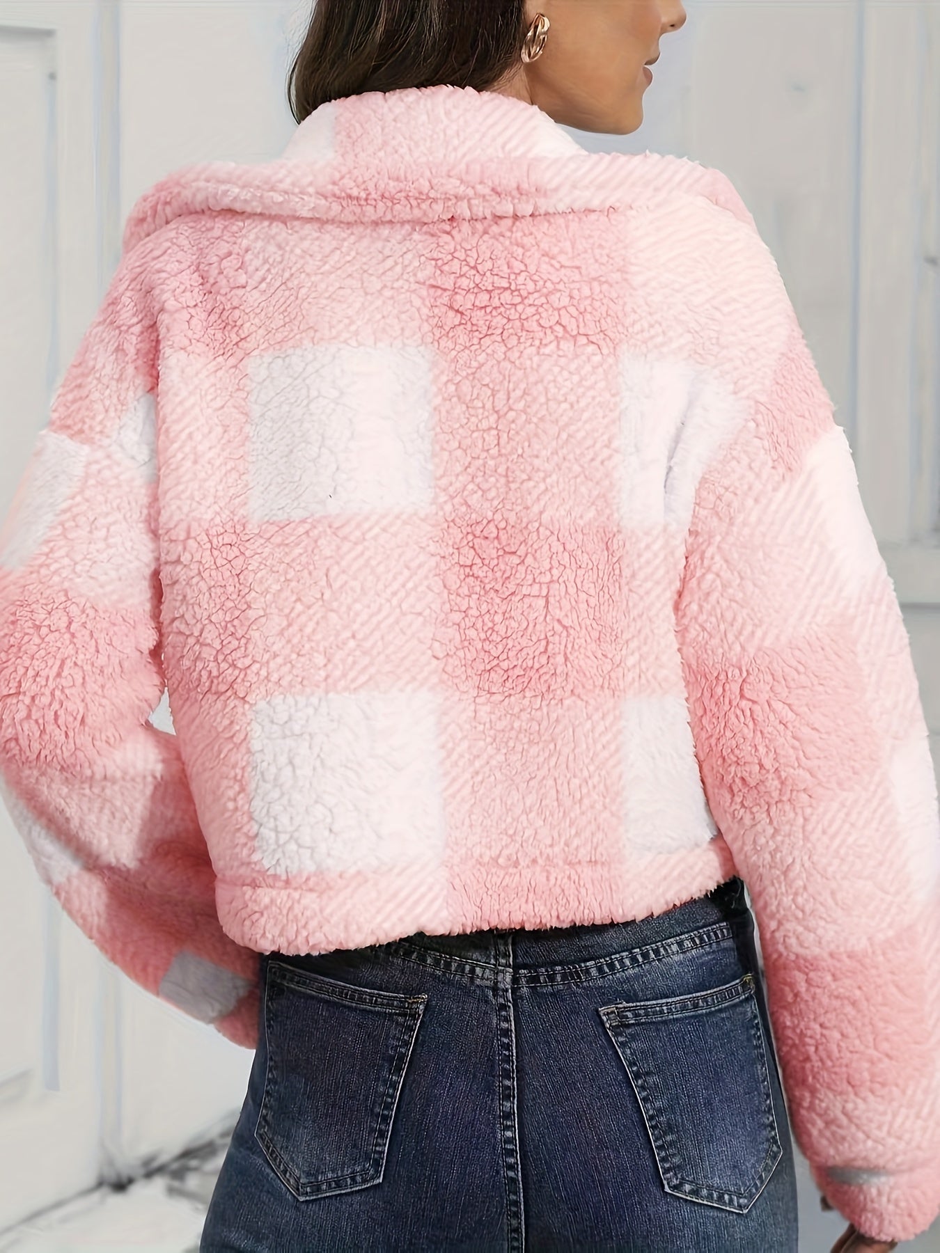 Plaid Teddy Coat, Casual Button Front Long Sleeve Winter Warm Outerwear, Women's Clothing