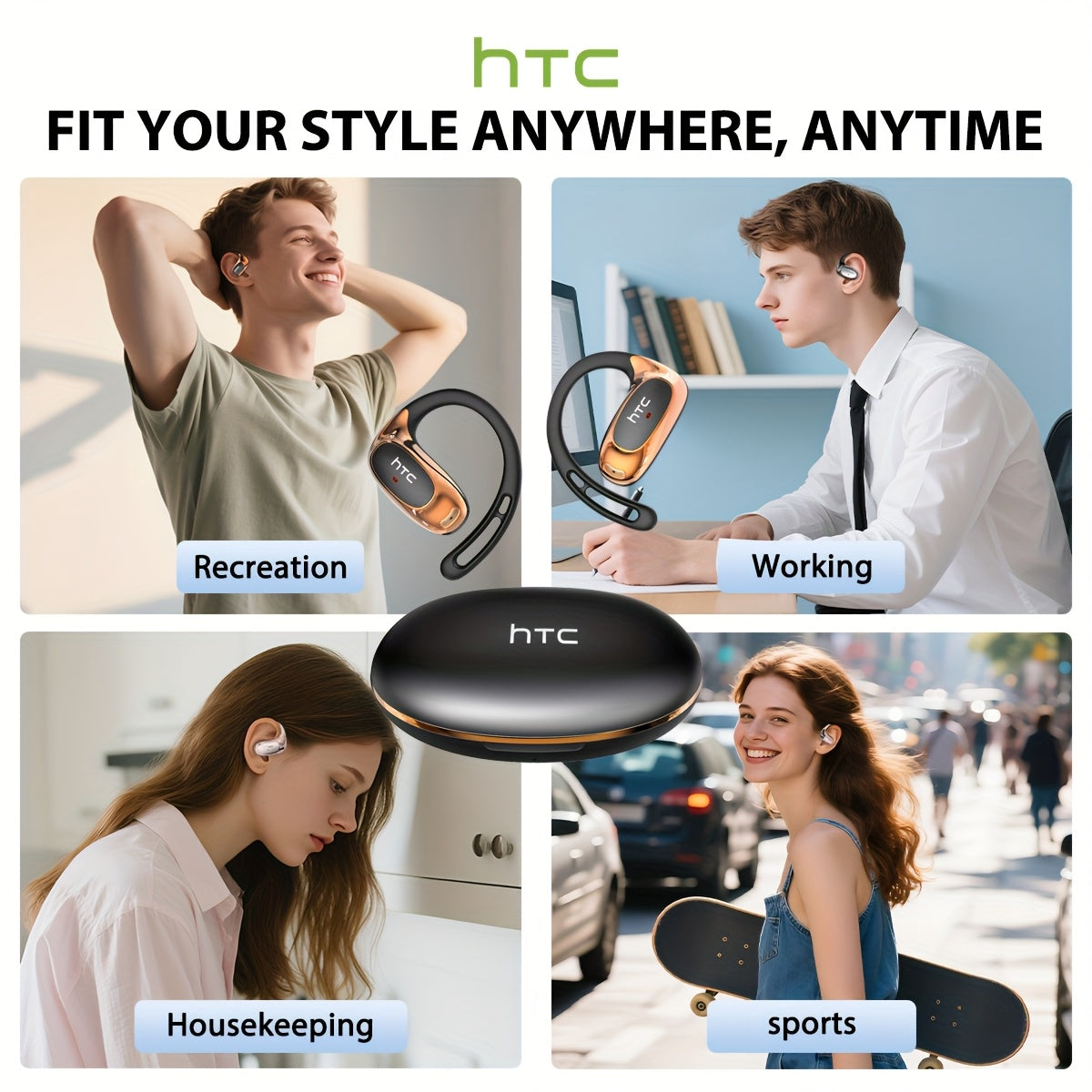 HTC NE35 AI Translation Earbuds Real-time Translation Headphones OWS Open-Ear Wireless Headphones, Latest BT V6.0, Noise Reduction Clear Call, 6.5 Hours Music Long Battery Life, Big speaker Big Volume