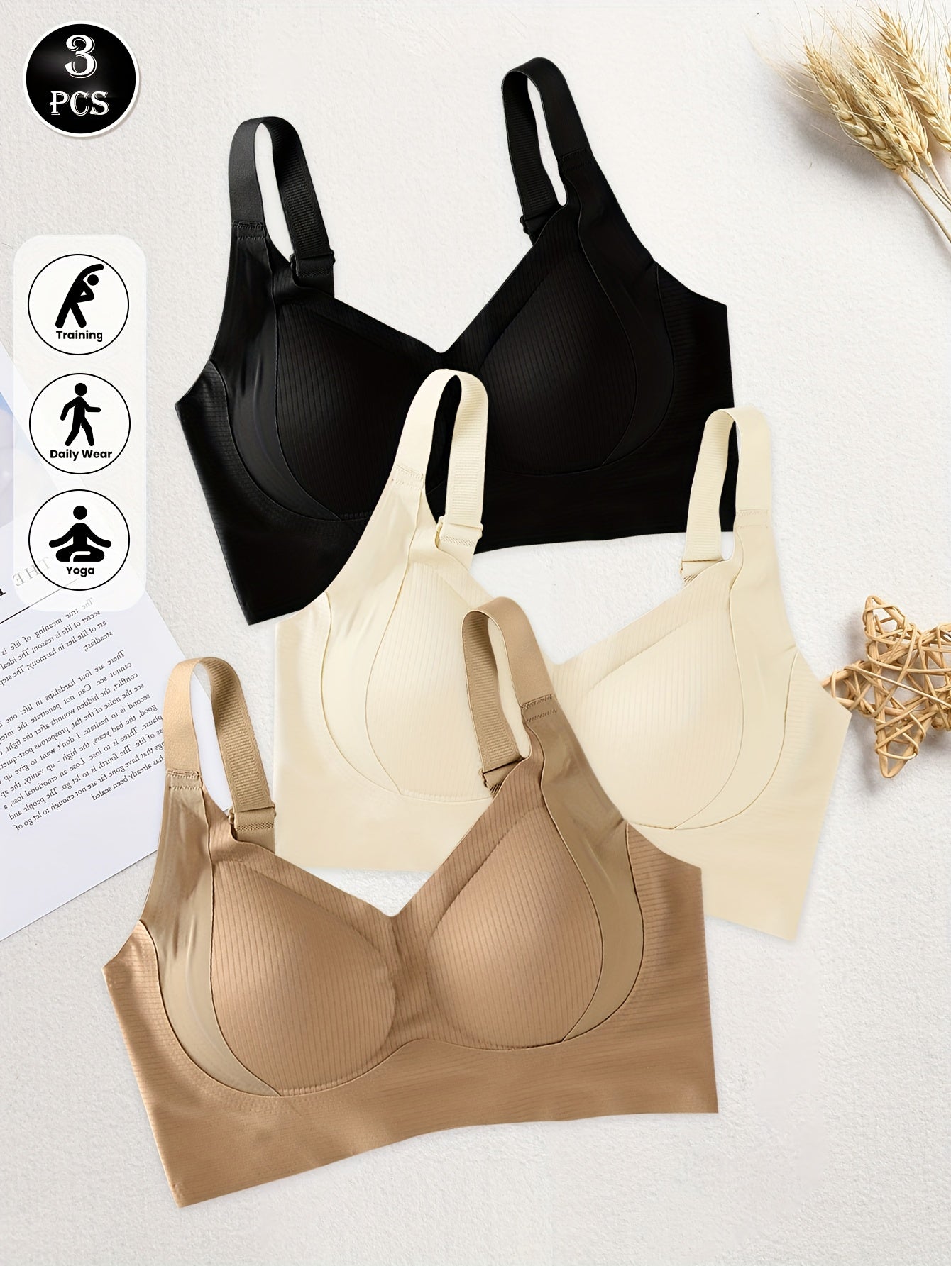 3pcs Women'S Seamless Sports Bras, Wire-Free Push-Up Bra with Full Coverage Back, Smooth and Sexy Underwear for Gym, Yoga, and Casual Wear, Yoga Apparel, Vneck Design, Medium Elasticity, Wireless Bra For Women, Freedaily, Spo