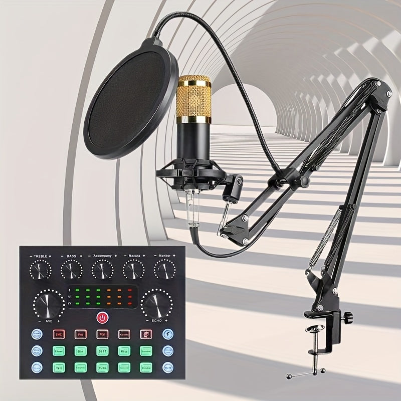 All-in-One Streaming Audio Kit with BM800 Microphone, V8S Mixer, and Multiple Accessories - Durable Metal Body, USB/Power Supply, Noise Cancellation, One-Click Sound Effects, Dual Device Connection, Ideal for Podcasting, YouT