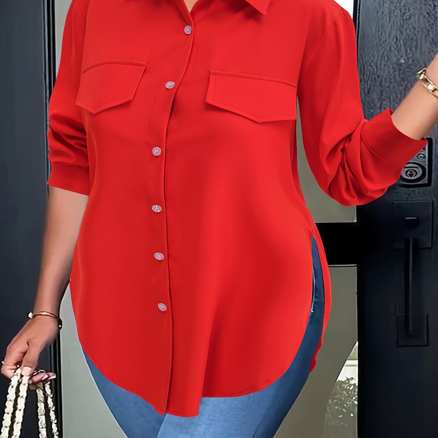 Plus Size Curved Hem Blouse, Casual Button Front Collared Blouse For Spring, Women's Plus Size Clothing