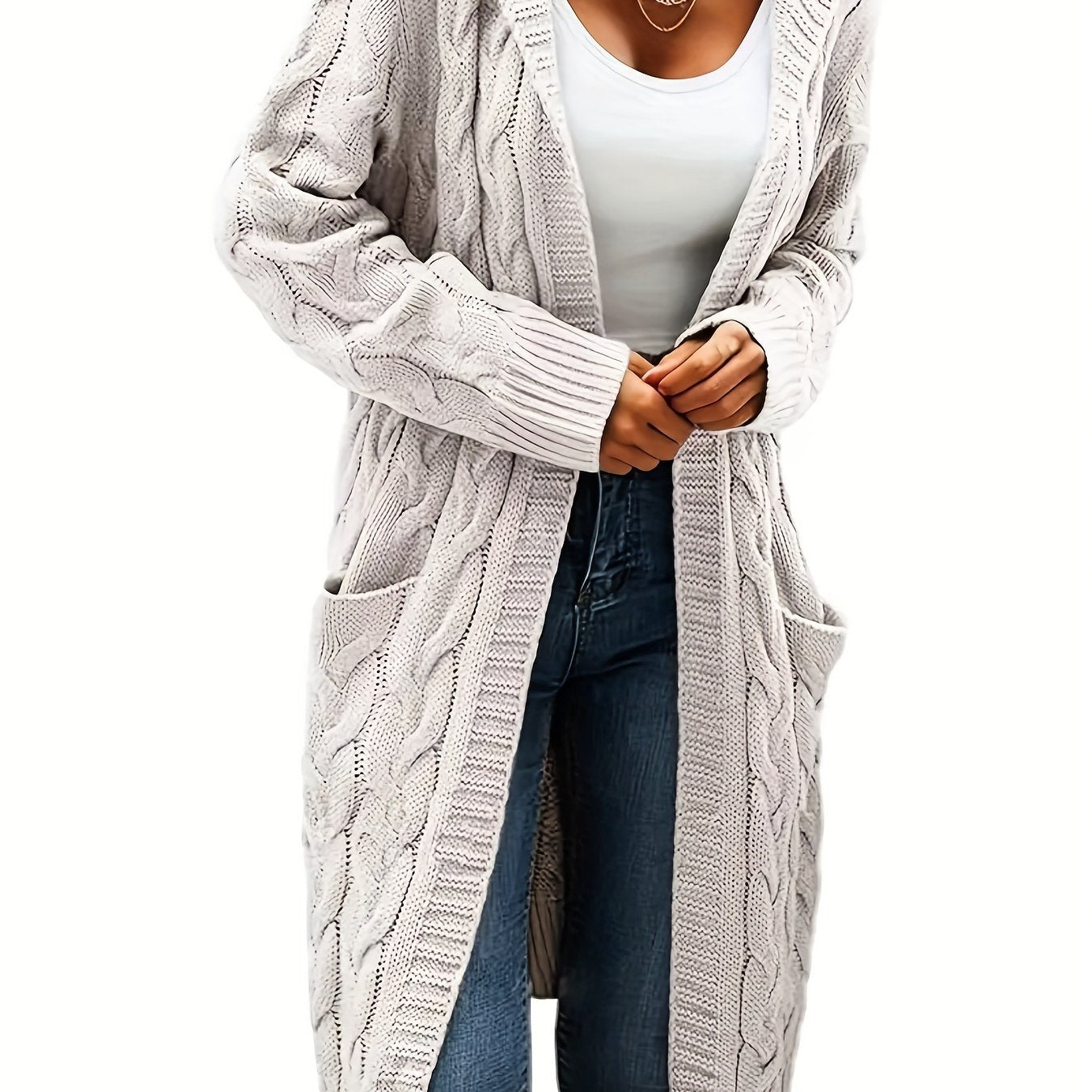 Women's Mid-Length Hooded Cardigan - Soft Stretchy Solid Color Long Sleeve Open Front Sweater with Pockets, Machine Washable Casual Elegance for Fall Winter, Everyday Comfort Wear, Stylish Hooded Design, Comfortable Fit