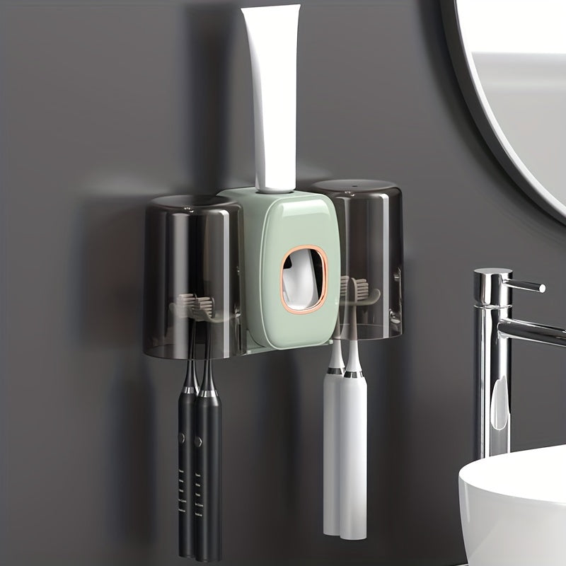 1pc Automatic Toothpaste Dispenser & Brush Holder, Toothbrush Holders With Automatic Toothpaste Squeezer Device For Bathrooms, Toothbrush Organizer With Cup, Wall Mounted Shower Room Decor Set