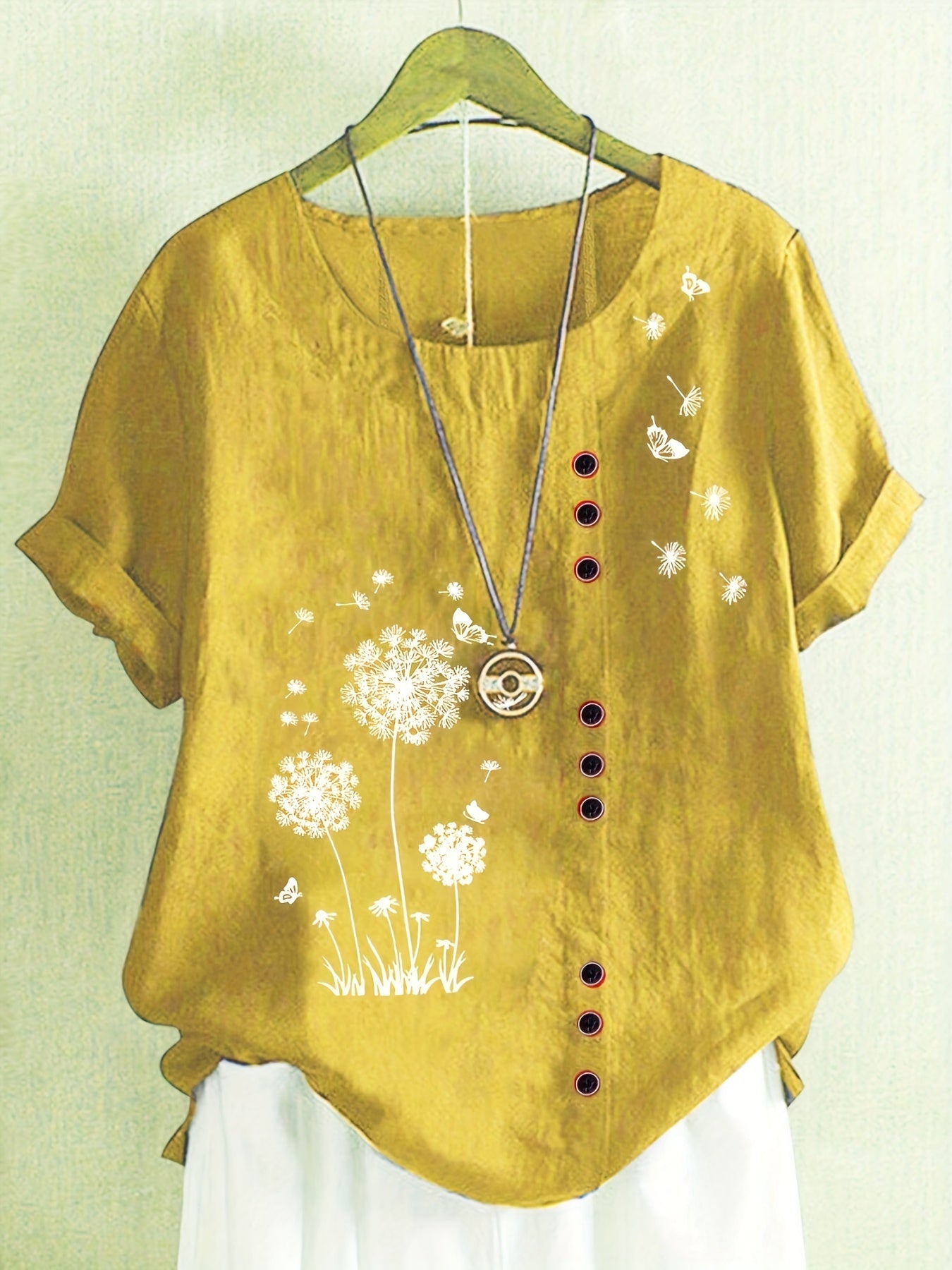 Dandelion Print Button Decor T-Shirt, Casual Crew Neck Short Sleeve T-Shirt For Spring & Summer, Women's Clothing