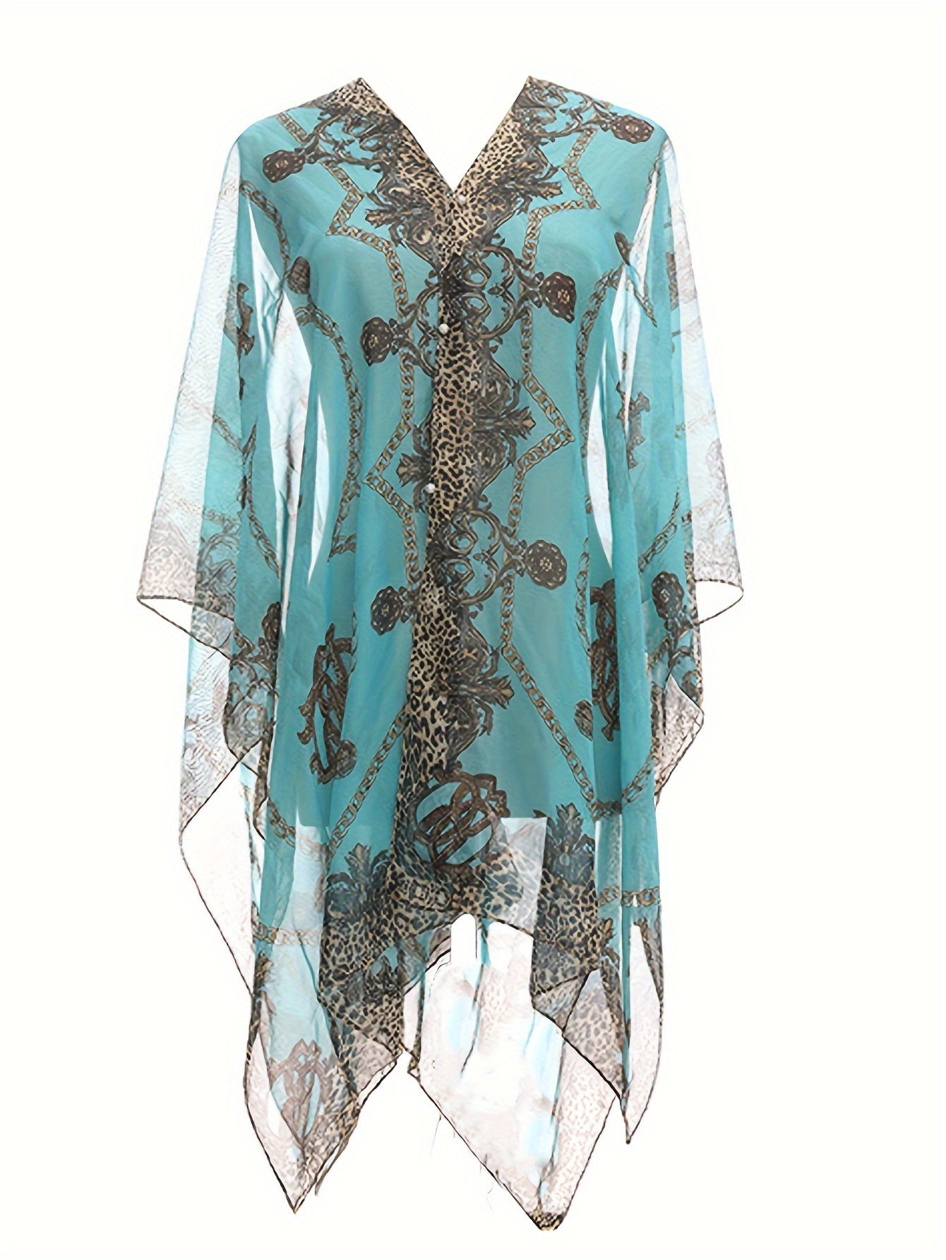 Plus Size Chain Print V Neck Shawl Top, Elegant Long Sleeve Blouse For Spring & Summer, Women's Plus Size Clothing