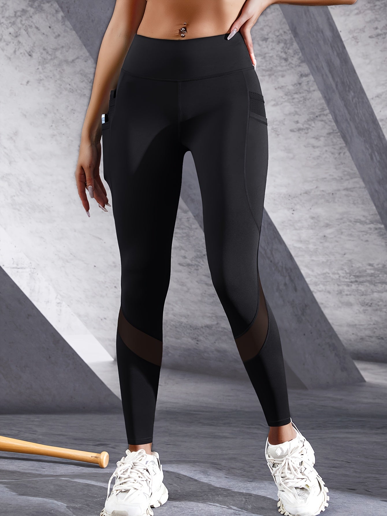 Boost Your Workout with Women's Tummy Control Sports Yoga Leggings - Phone Pocket, Mesh Contrast & Breathable Tight-Fitting Pants!